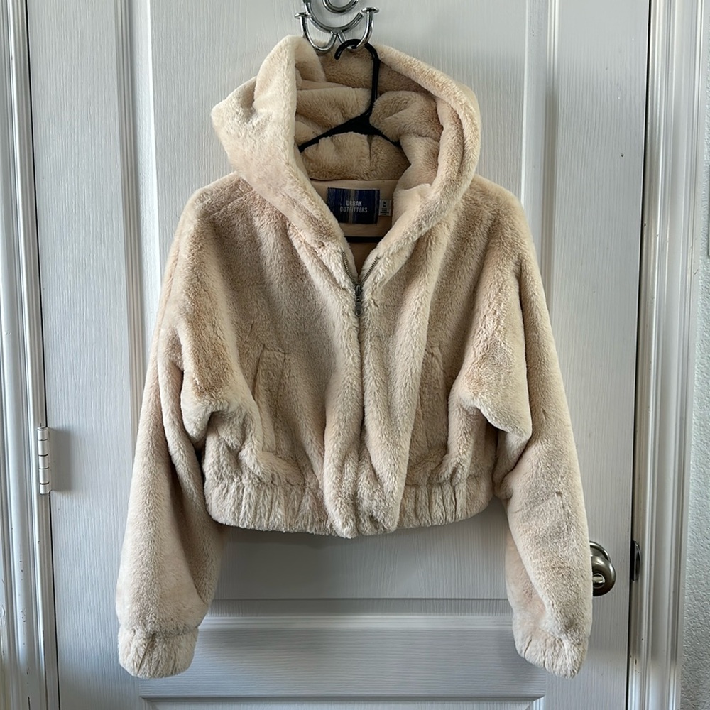 Urban Outfitters Cropped Furry Teddy Hooded Coat